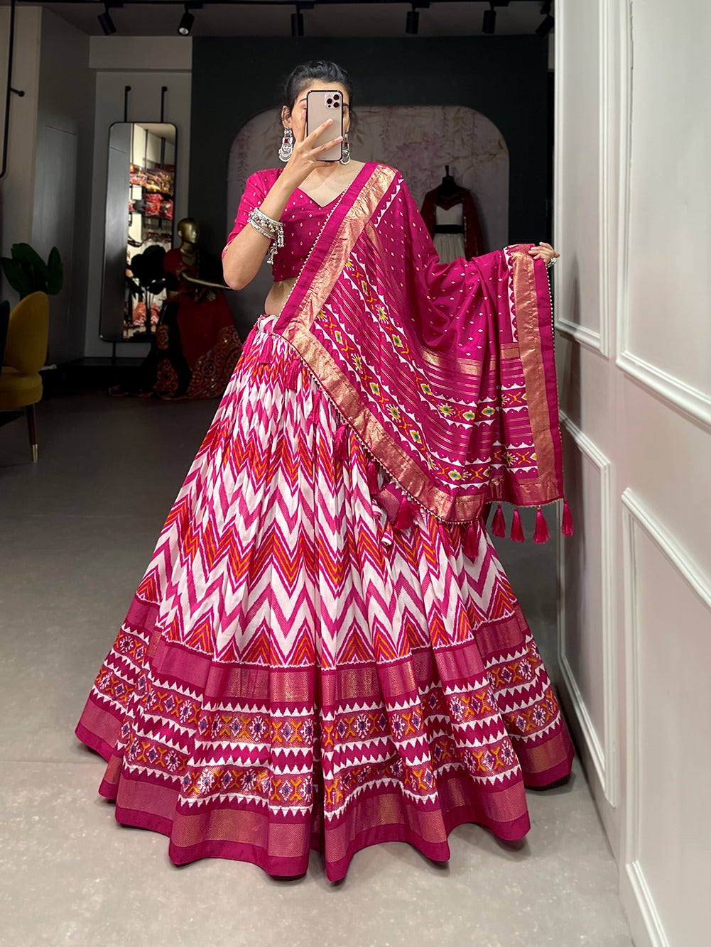 Pink  Leheriya With Foil Print  lehenga choli with Tussar Silk  dupatta