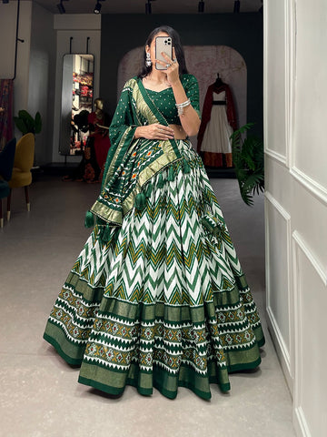 Green  Leheriya With Foil Print  lehenga choli with Tussar Silk  dupatta