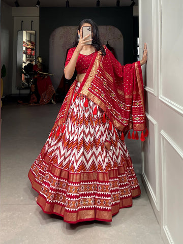 Red Leheriya With Foil Print  lehenga choli with Tussar Silk  dupatta