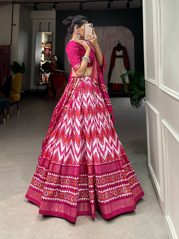 Pink  Leheriya With Foil Print  lehenga choli with Tussar Silk  dupatta
