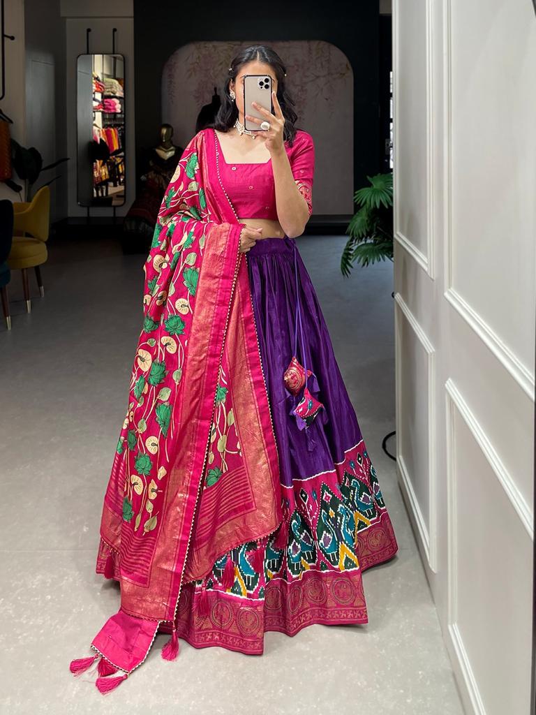 Multicolor Printed with foil work lehenga choli with Dola Silk  dupatta