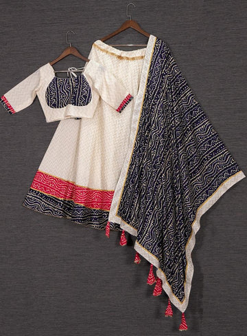 Off white and Multicolor Weaving Design and Bandhej Print Border  lehenga choli with Rayon   dupatta
