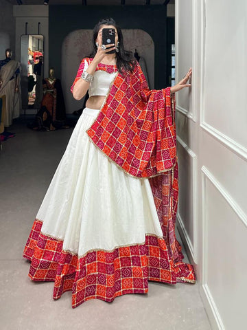 Off white and Red  Plain And Bandhej With Foil Print  lehenga choli with Cotton Rayon   dupatta