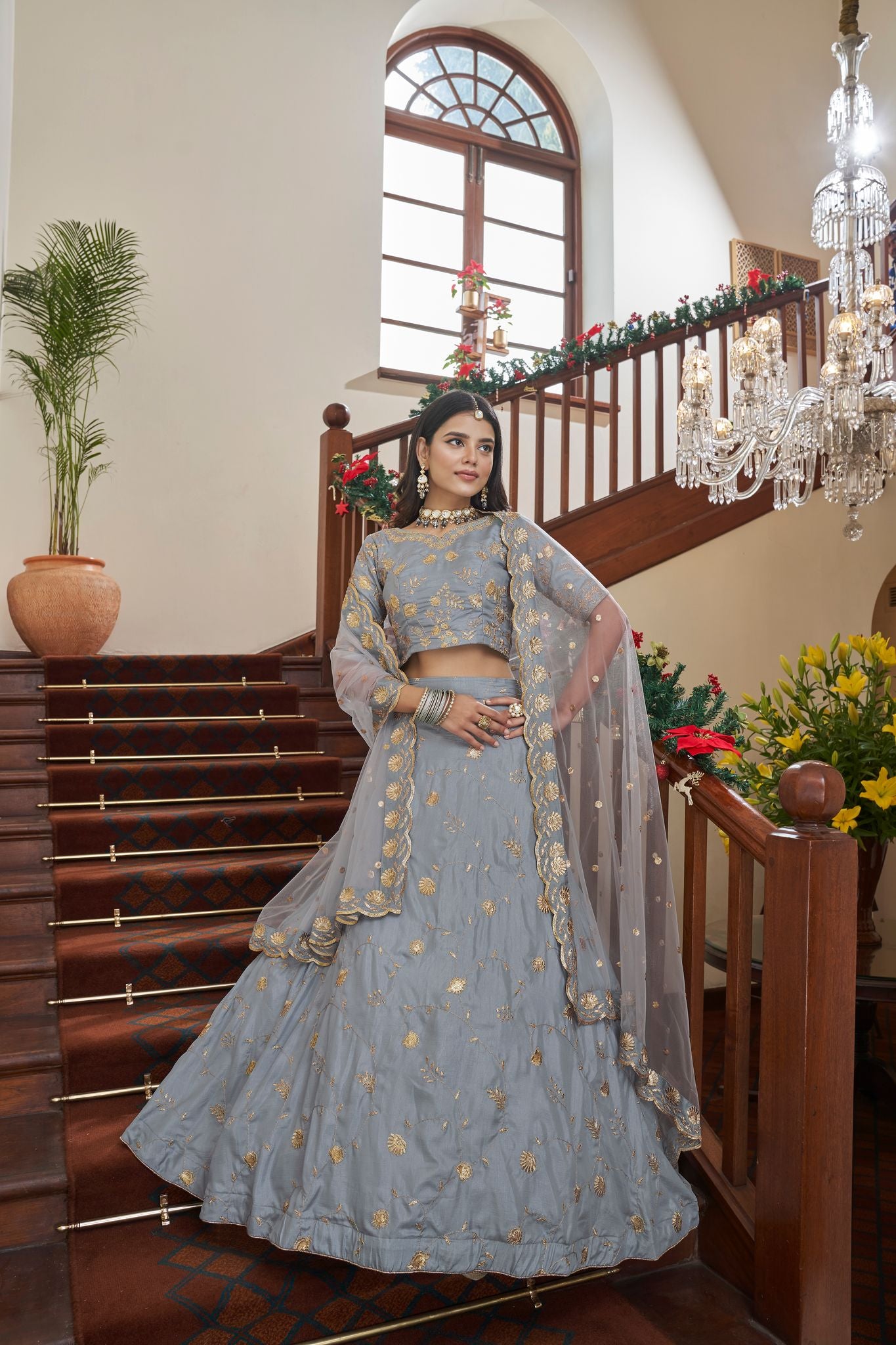 Gray Zari & Sequins Embroidery Work  lehenga choli with Faux Georgette  dupatta