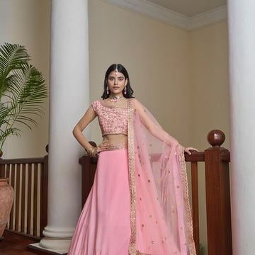 Light Pink Dori, Mirror, Zari & Sequins Embroidery Work  lehenga choli with Net dupatta