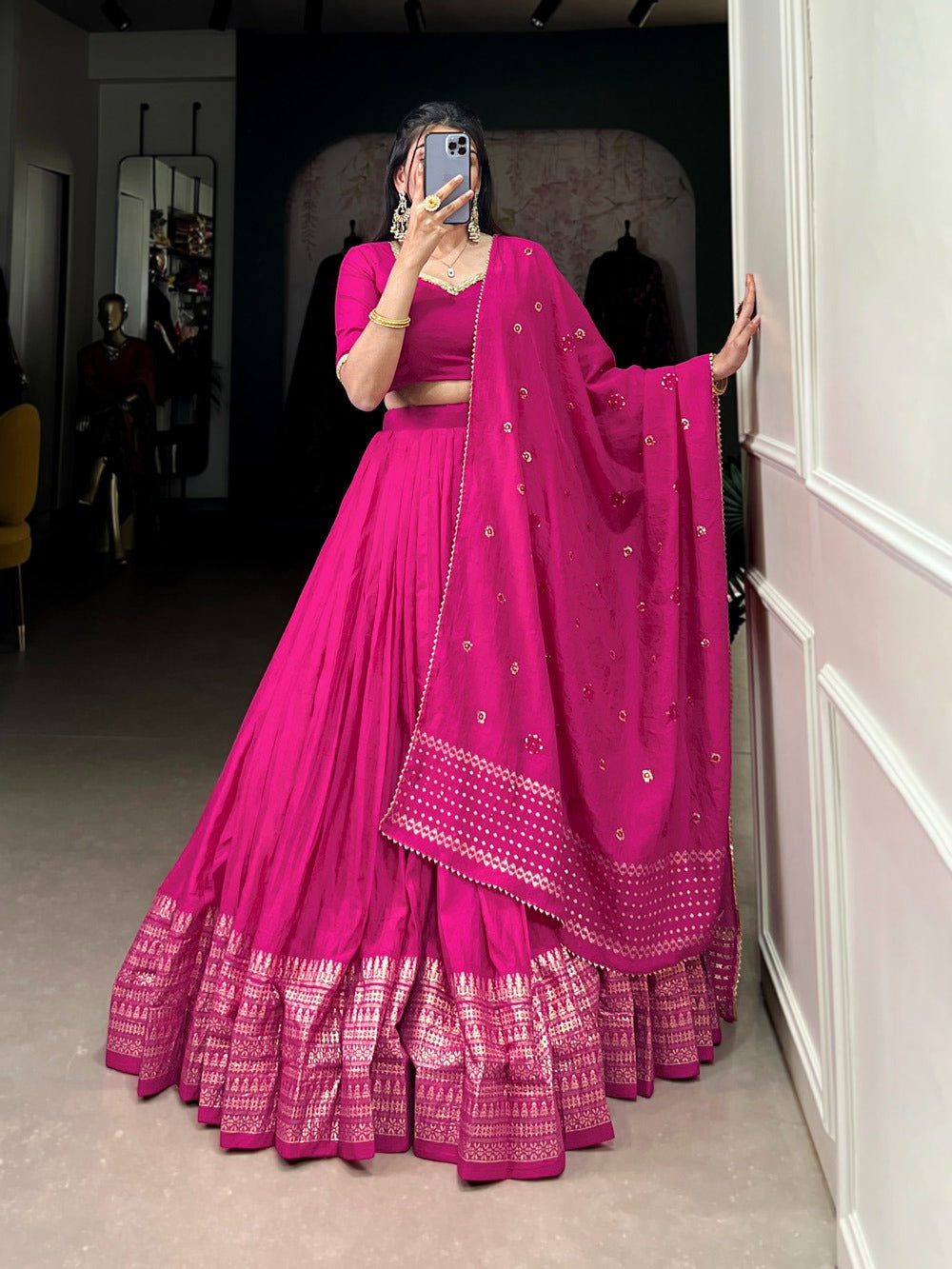 Ready to wear pink lehenga Pure Chanderi Plain Lehenga with Intricate Zari Work Border, Accompanied by Sequin Embellished Dupatta