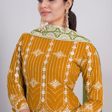 Yellow Thread & Sequins Embroidery Work   Plazzo suit  For Women