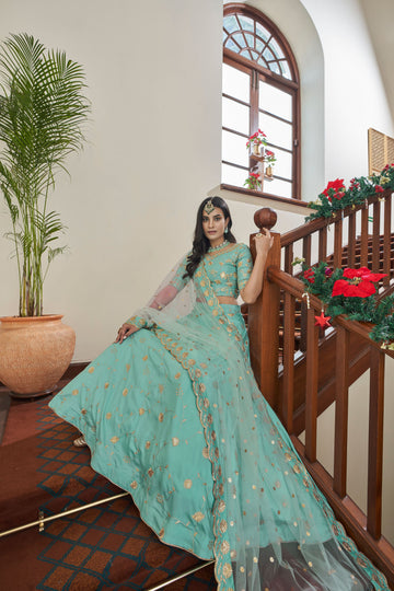 Sky Blue  Zari & Sequins Embroidery Work   lehenga choli with Butterfly Net   dupatta