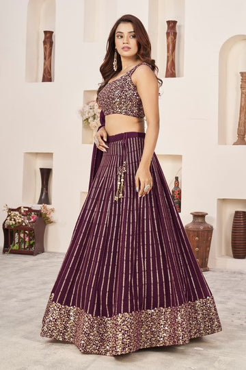 Wine lehenga choli for women or girls Sequins Zari Embroidered Work lehenga choli