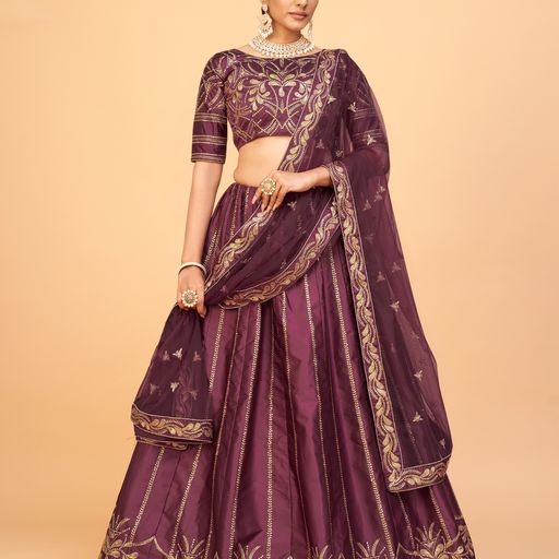 Wine   Sequins & Multi Embroidery Work lehenga choli with Net dupatta