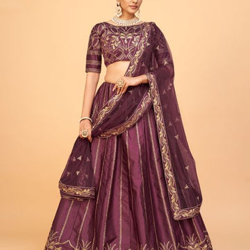 Wine   Sequins & Multi Embroidery Work lehenga choli with Net dupatta
