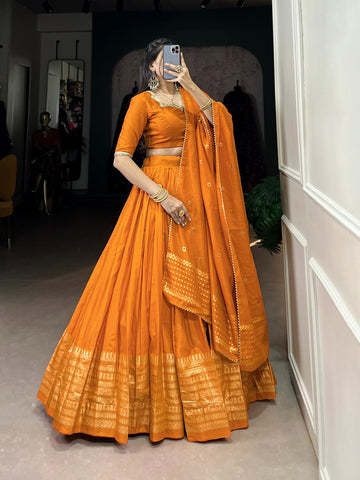 Ready to wear orange lehenga Pure Chanderi Plain Lehenga with Intricate Zari Work Border, Accompanied by Sequin Embellished Dupatta