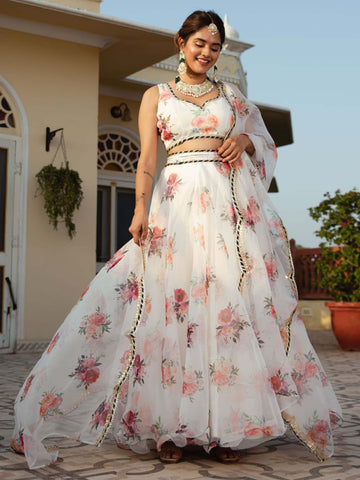 White floral lehenga choli for women or girls wedding wear ready to wear lehenga choli