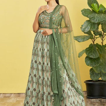 Green Real Mirror with Thread, Zari, Sequins Embroidered And Digital Print Work  lehenga choli with  Soft  Net  dupatta