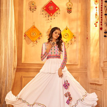 WHite   Thread,  Embroidered with all over mirror  Work  lehenga choli with  Viscose Rayon dupatta