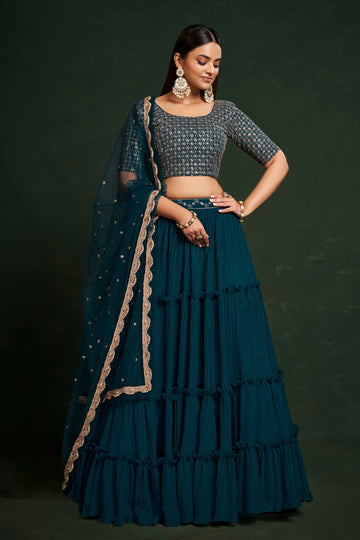 Teal Blue Thread and  Sequins Embroidery Work  lehenga choli with Net  dupatta