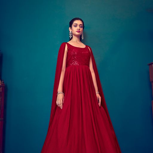 Red  Georgette With  Thread And Sequince Embroidered Work Anarkali Flared Long Gown