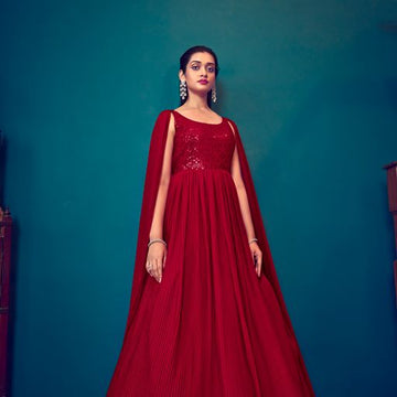 Red  Georgette With  Thread And Sequince Embroidered Work Anarkali Flared Long Gown