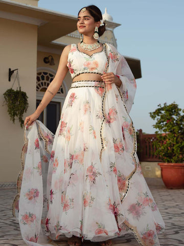 White floral lehenga choli for women or girls wedding wear ready to wear lehenga choli