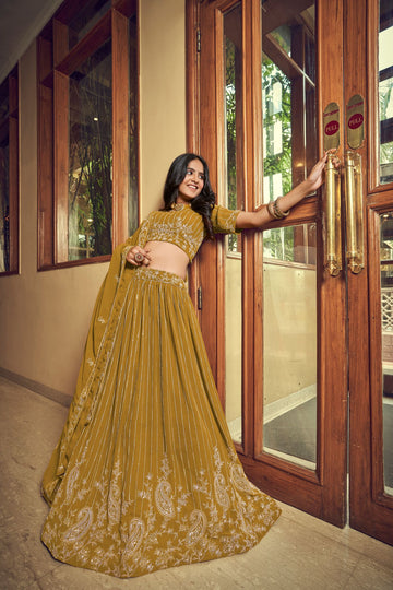 Musterd Yellow Viscose ,Thread and  Sequins Embroidery Work  lehenga choli with Faux Georgette  dupatta