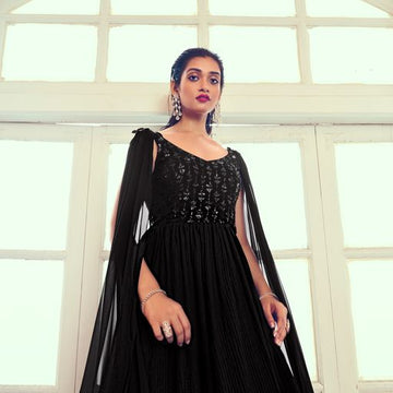 Black  Georgette With  Thread And Sequince Embroidered Work Anarkali Flared Long Gown