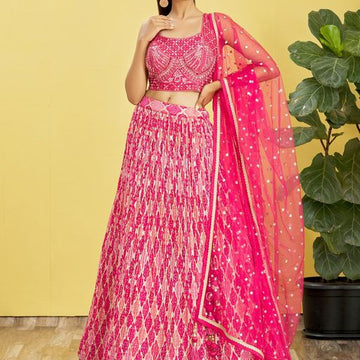 Pink  Real Mirror with Thread, Zari, Sequins Embroidered And Digital Print Work  lehenga choli with  Soft  Net  dupatta