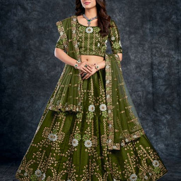 Mehendi Diamond,Zari, Thread & Sequins Embroidery Work  lehenga choli with  Butterfly Net  dupatta