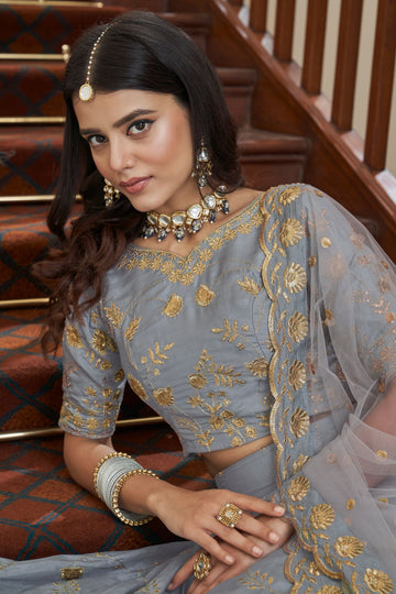 Gray Zari & Sequins Embroidery Work  lehenga choli with Faux Georgette  dupatta