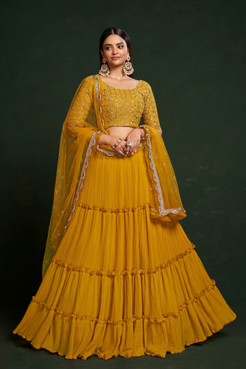Yellow   Thread and  Sequins Embroidery Work  lehenga choli with Net  dupatta