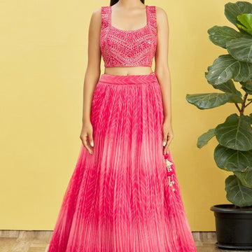 Pink Real Mirror with Thread, Zari, Sequins Embroidered And Digital Print Work  lehenga choli with  Organza  dupatta