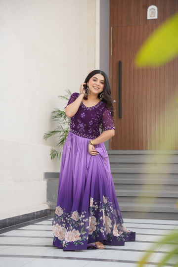 Readymade Designer Purple Gown Faux Blooming With Beads Embroidered work And Rich Floral Digital Print gown (Copy)