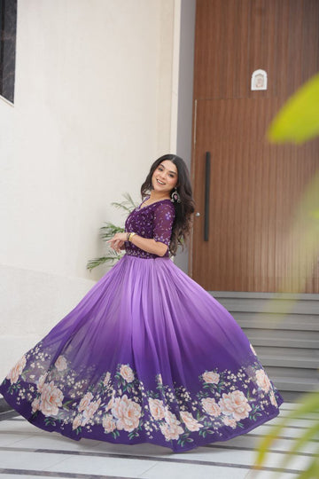 Readymade Designer Purple Gown Faux Blooming With Beads Embroidered work And Rich Floral Digital Print gown (Copy)