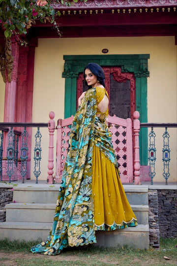 Mustard yellow Sequins Work lehenga choli with Kalamkari Print dupatta
