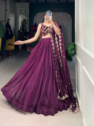 Wedding Wine Organza Silk Lehenga choli with  dupatta