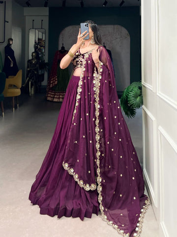 Wedding Wine Organza Silk Lehenga choli with  dupatta