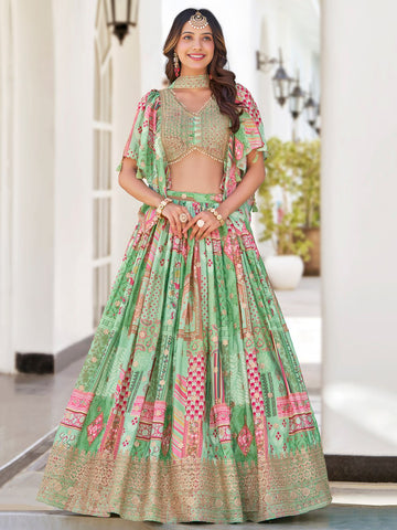 Green Multicolor Printed Embroidered Lehenga Set