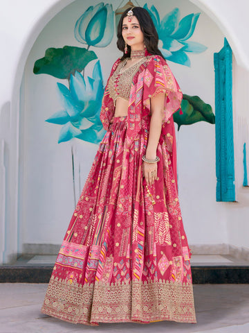 Pink Multicolor Printed Embroidered Lehenga Set