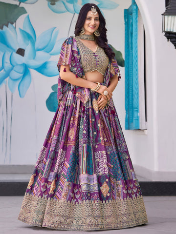 Purple Multicolor Printed Embroidered Lehenga Set