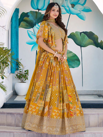 Yellow Multicolor Printed Embroidered Lehenga Set