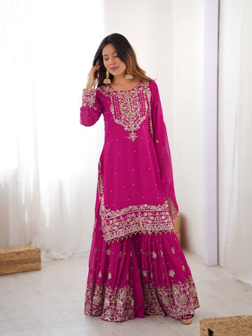 Women Ethnic motifs Embroidered kurta With sharara&Dupatta