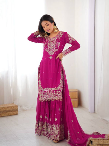 Women Ethnic motifs Embroidered kurta With sharara&Dupatta