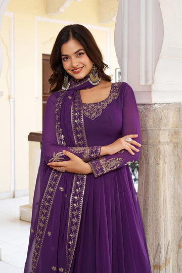 Purple Color Faux Georgette Fabric Sequence Work Gown