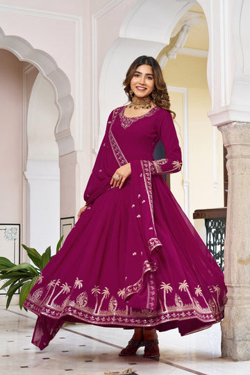 Pink Color Faux Georgette Fabric Sequence Work Gown