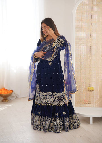 Navy blue faux georgette with heavy embroidery sharara set