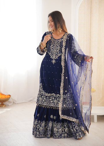 Navy blue faux georgette with heavy embroidery sharara set