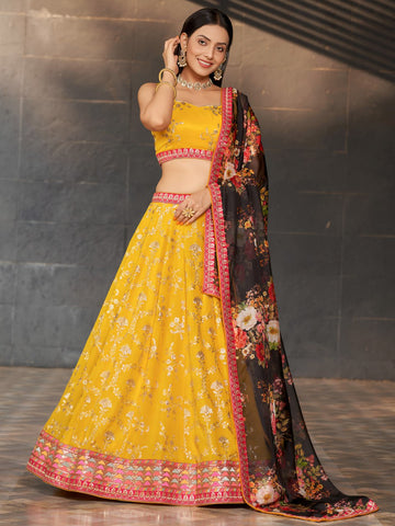 Mustard Yellow Floral Embroidered Lehenga Set