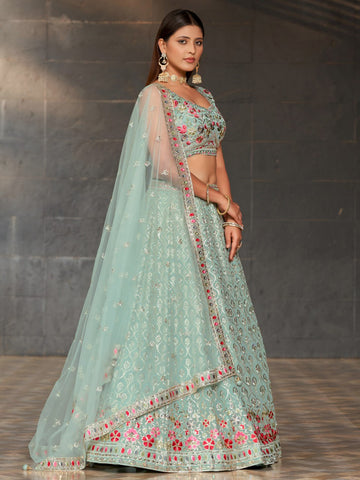 Sky Blue Floral Embroidered Lehenga Set
