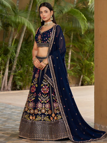 Navy Blue Floral Embroidered Lehenga Set