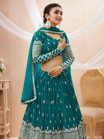 Teal Green Sequins-Work Lehenga