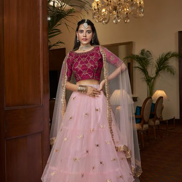 Pink Thread & Sequins Embroidery Work  lehenga choli with  Net  dupatta